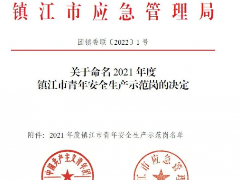 喜報(bào)！這個青年集體榮獲“2021年度鎮(zhèn)江市青年安全生產(chǎn)示范崗”榮譽(yù)稱號